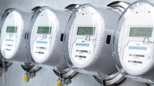 Digital electric meters in a row measuring power use Looped 3d animation