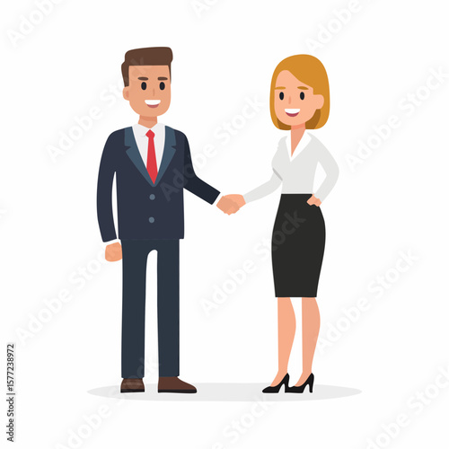 Cheerful cartoon of a businessman and businesswoman shaking hands, ideal for corporate themes and partnership concepts in scalable designs.