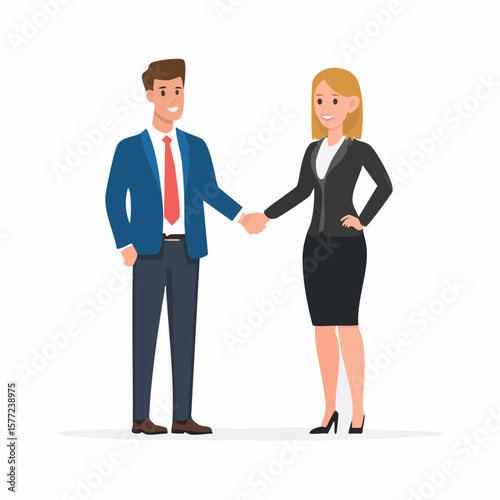 Business handshake graphic features a male and female professional sealing a deal, great for company presentations.