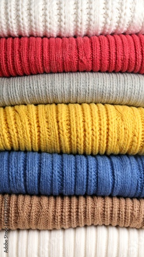 Stack of colorful knitted sweaters