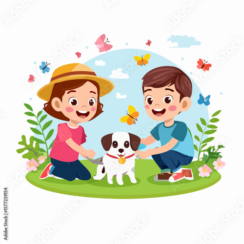 Joyful playtime scene showing children with a dog surrounded by colorful butterflies, ideal for kid-themed designs and cheerful graphics.