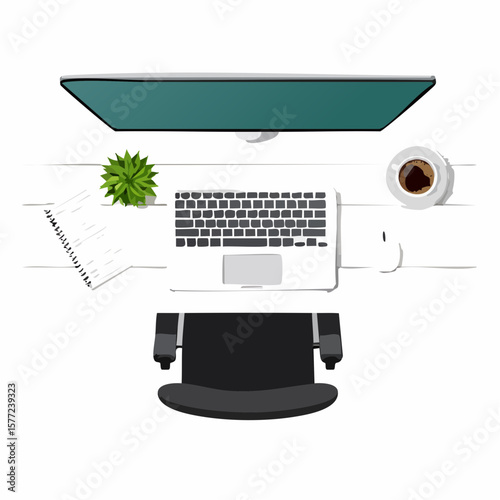 Top view of workspace provides a clean desk setup with a laptop, monitor, coffee, plant, and chair creating a productive environment.