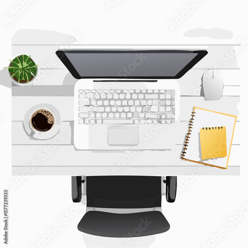 Bright workspace design with a laptop, notebook, coffee, and a plant, ideal for business, office, or freelancer themes.