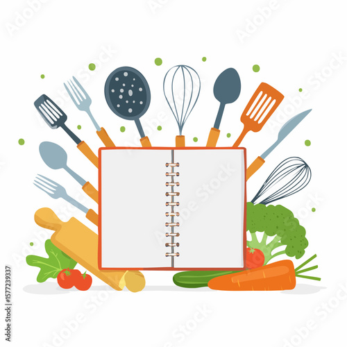 Cookbook graphic design shows cooking utensils and fresh vegetables around an open recipe book with space for culinary notes and creative recipes.