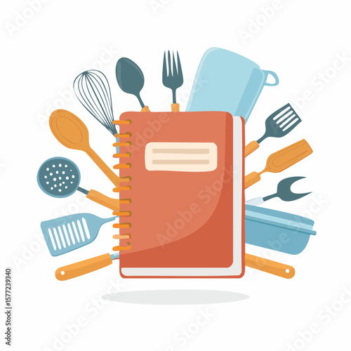 Charming cookbook design featuring kitchen utensils creates a culinary-themed graphic for cooking enthusiasts and food preparation projects.