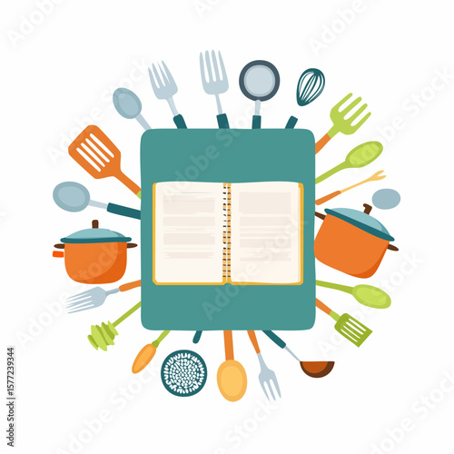 A charming cookbook graphic surrounded by cooking utensils, perfect for culinary blogs, recipe websites, or kitchen-themed branding.