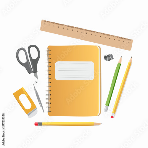 Back to school essentials graphic featuring a notebook, pencils, scissors, ruler, and eraser, perfect for education and learning designs.