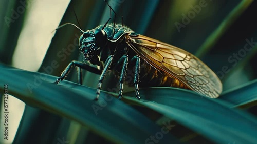 Close-up of a dark insect on a lush leaf