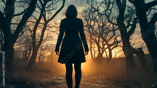 Silhouette of woman walking on path in a forest at sunset