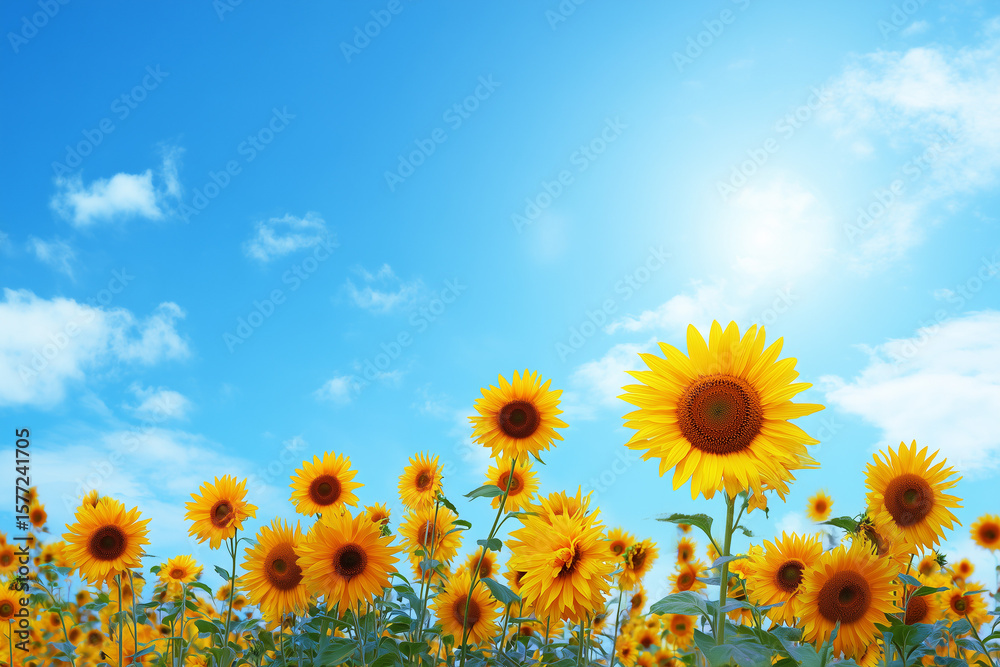 Fototapeta premium Sunflower Field Under Clear Sky in Summer Season