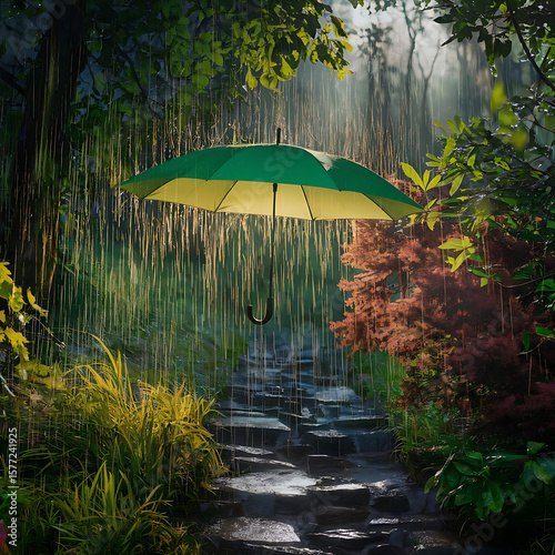 A green umbrella in a lush forest, illuminating golden raindrops and enchanting the scene with its vibrant foliage, creates a magical atmosphere.