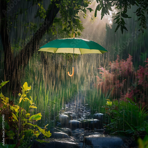 A green umbrella in a lush forest, illuminating golden raindrops and enchanting the scene with its vibrant foliage, creates a magical atmosphere.