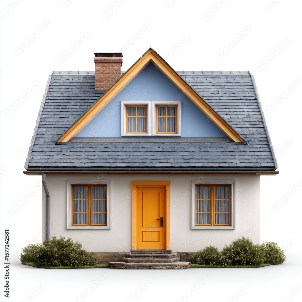 Fototapeta premium Charming small house with a bright orange door and blue gabled dormer isolated on white background