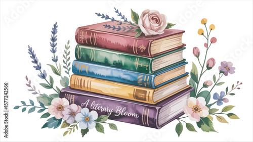 Aesthetic Book Pile with Roses Lavender and Wildflowers Hand Painted