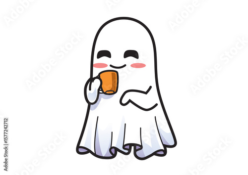 Cheerful Halloween ghost character sipping from a cup with a happy expression. Halloween concept