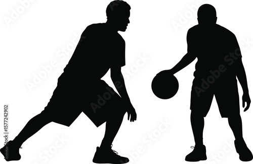 Dynamic Basketball Players Silhouettes: Dribbling and Defense Action Vector Illustration