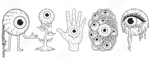Graphic set of surreal and monstrous eyes watching you with stipple effect. Includes new breeds of plants and aliens never seen before. Detailed and optimised. For projects that want to be seen.