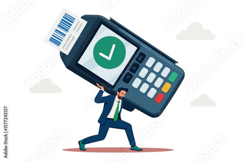 Businessman struggles with a POS terminal, illustrating the pressure of accepting payments and modern financial transactions.