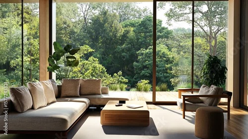 Elegant living room interior showcasing a seamless blend of nature and modern design