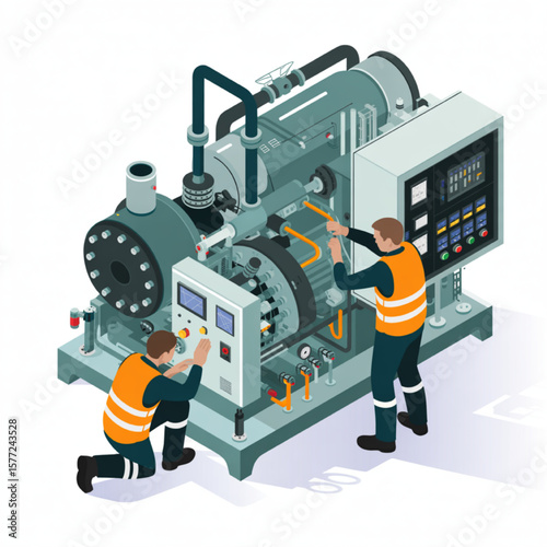 Industrial compressor being serviced by engineers, showcasing machinery maintenance and technological expertise within a factory environment.