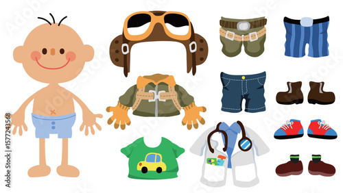 Cute cartoon paper doll boy for dress up game for kids with mix-and-match outfits like Fighter Pilots suit doctor jeans shoes Great for crafts printables scrapbooking or digital games