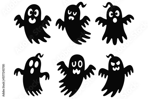 Six black ghosts with white eyes and mouths halloween