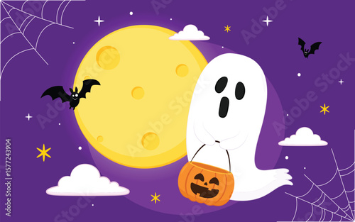 Cute ghost floating with Halloween pumpkin basket for Trick or Treat. Funny spooky boo character. Spook phantom with happy smiling face expression. Isolated kids flat vector illustration.