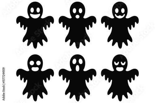 Six black ghosts with different facial expressions