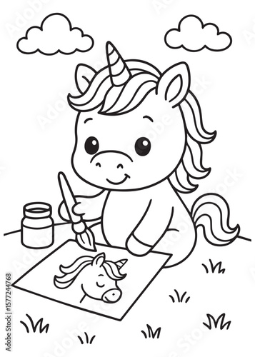 Coloring book page of unicorn painting a self-portrait in the meadow.