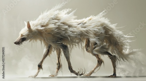 full body fantasy creature design of a beautiful canine-like animal, feathery fur, speculative evolution, alien features, plain background, very realistic