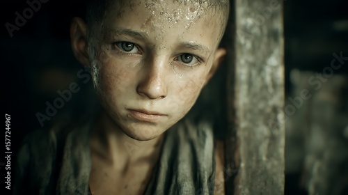 a real young child working in a factory environment, wearing dirty clothes, tired expression, harsh lighting, social issue child labor, photorealistic 