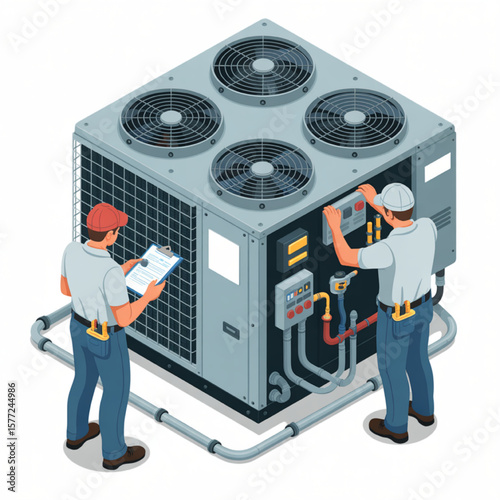 HVAC technicians inspect and maintain a large commercial air conditioning unit, ensuring optimal performance and energy efficiency in a building.