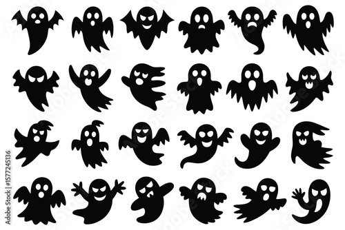 Black ghost icons with various expressions halloween