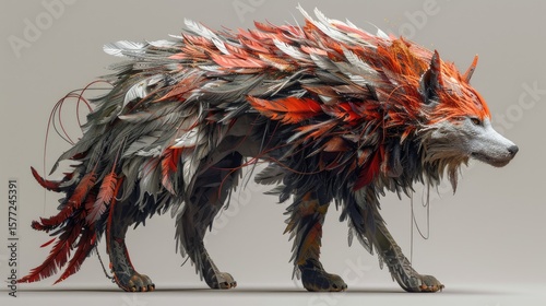 full body fantasy creature design of a beautiful canine-like animal, feathery fur, speculative evolution, alien features, plain background, very realistic