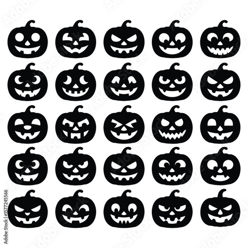Black Halloween pumpkins carved with various spooky faces