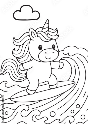Coloring book page unicorn surfing a big wave.