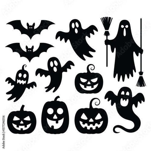 Halloween ghosts bats pumpkins and broomsticks jack o lantern