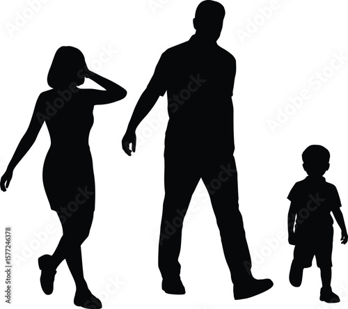 Happy Family Silhouettes: Parents and Child Walking Together, Bonding Moment
