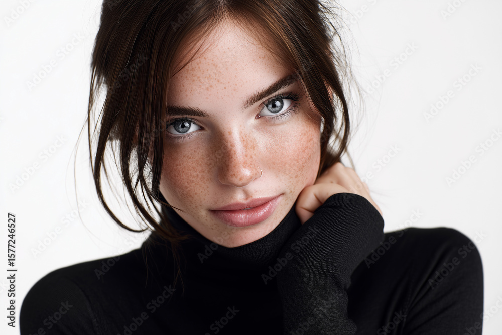 Close-up portrait of a young woman with freckles and blue eyes wearing a black turtleneck sweater on white background Close-up portrait of a young woman with freckles and blue eyes wearing a black turtleneck sweater on white background