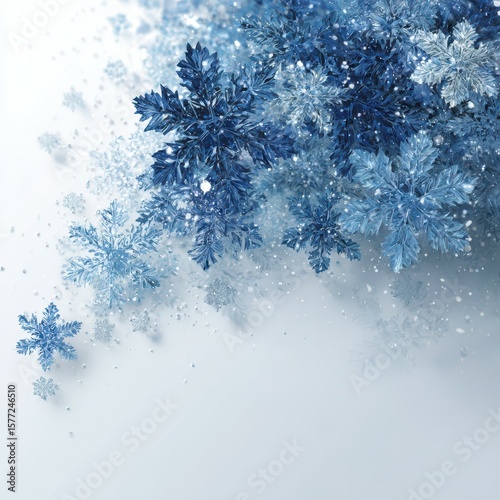 Winter wonderland with blue snowflakes scattered across a white surface during a serene snowfall