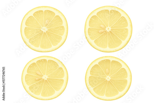 Ripe lemon slices displaying vibrant pulp, seeds, segments against clean transparent backdrop, ideal for culinary graphic design