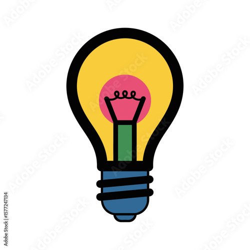 Cartoon lightbulb with yellow bulb red center green base and blue socket.