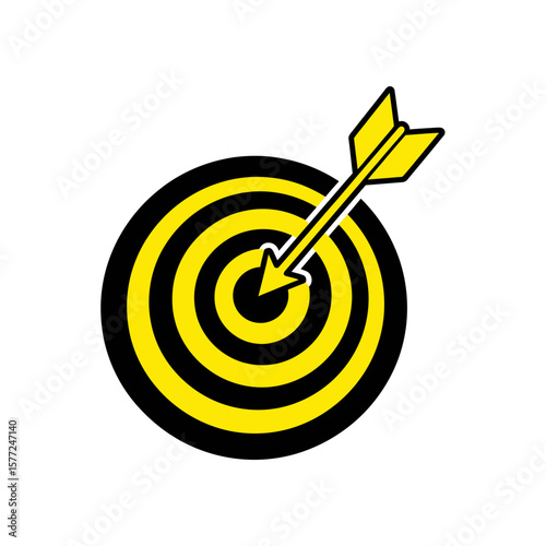 Target with arrow hitting center yellow and black concentric circles on white.