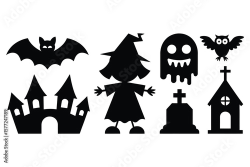 Halloween icons bat ghost witch owl church graveyard