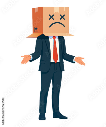 A businessman with a cardboard box on his head expressing confusion and uncertainty in a surreal, humorous, and conceptual financial illustration.