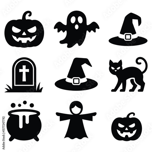 Halloween icons black and white pumpkin ghost