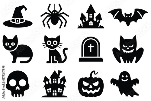 Halloween icons black silhouette witch hat