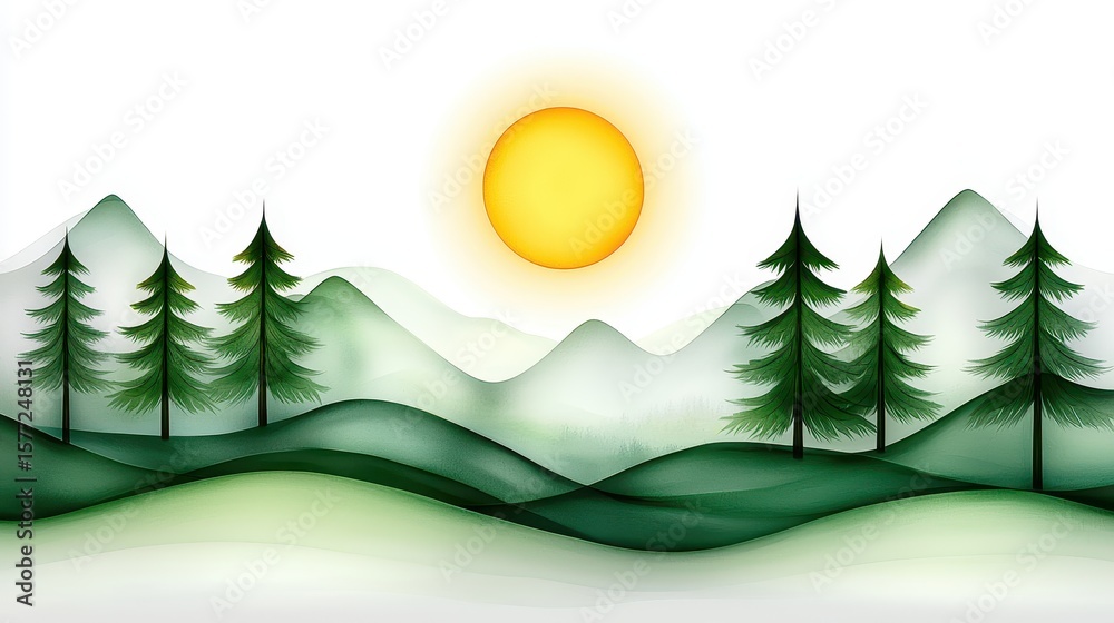 Obraz premium Serene Watercolor Landscape Sunlit Mountain Range with Evergreen