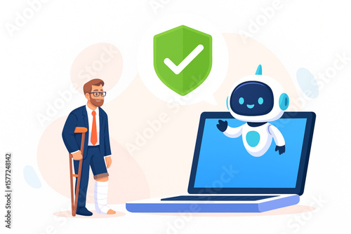 Illustration of a man with a broken leg consulting a robot assistant online for insurance, demonstrating technology and claims automation in the digital age.