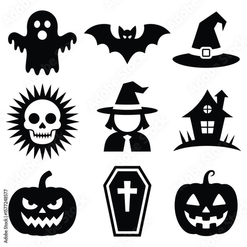 Halloween icons ghost bat witch hat skull haunted house pumpkins coffin